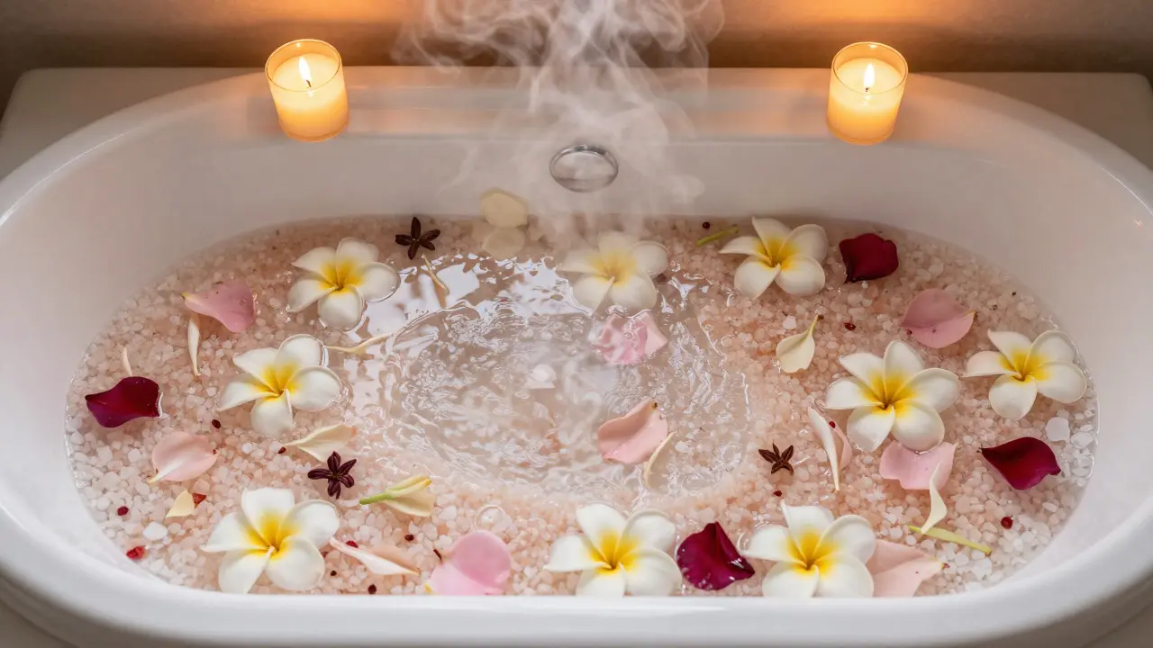 Steaming bath with Epsom salts and floating flower petals