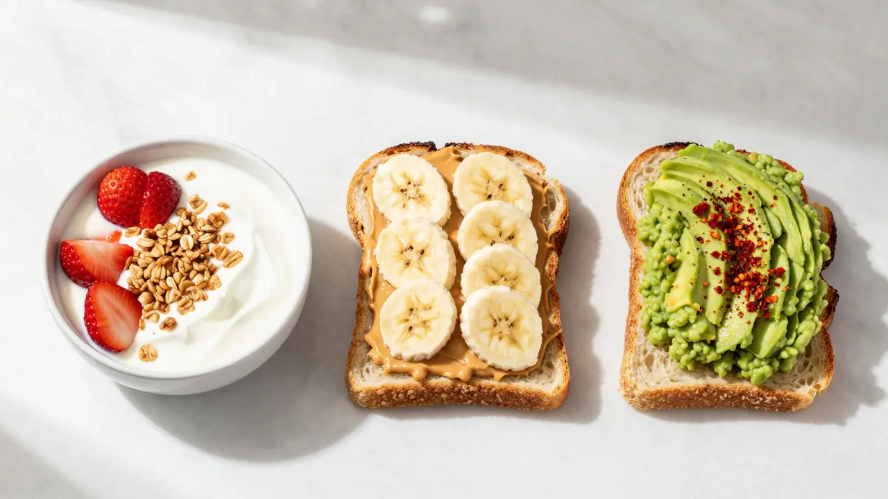 Three healthy breakfast bowls: yogurt, banana toast, and avocado egg