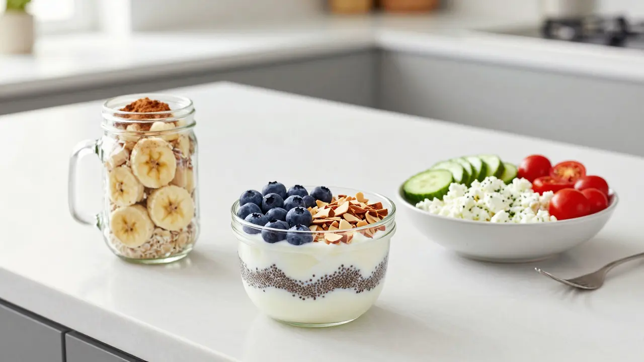 Three healthy breakfast options: overnight oats, yogurt parfait, and cottage cheese
