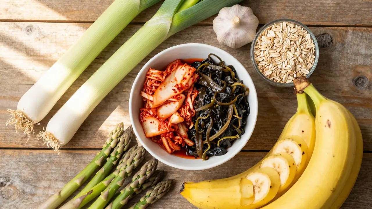 Top-down view of fermented foods and fresh prebiotic vegetables arranged on a wooden table.