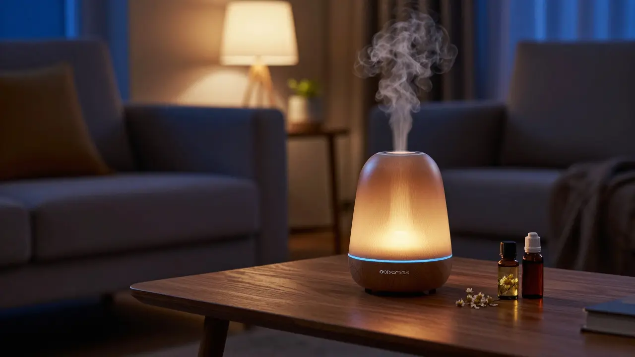 Ultrasonic diffuser releasing mist in cozy, dimly lit living room