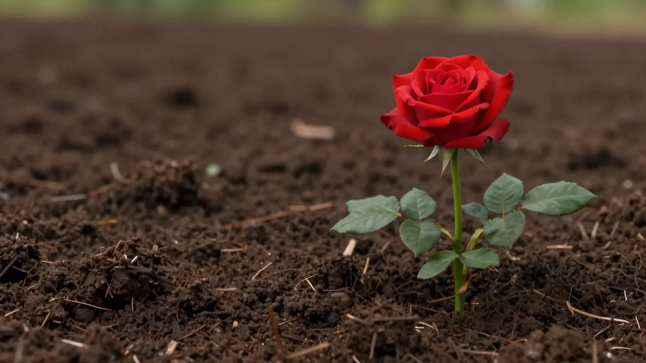 A healthy red rose blooming from rich, dark soil, symbolizing calmness supporting happiness