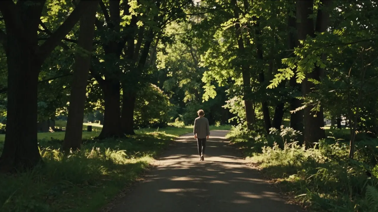 A person taking a slow walk through a sunlit forest path, finding calm in nature
