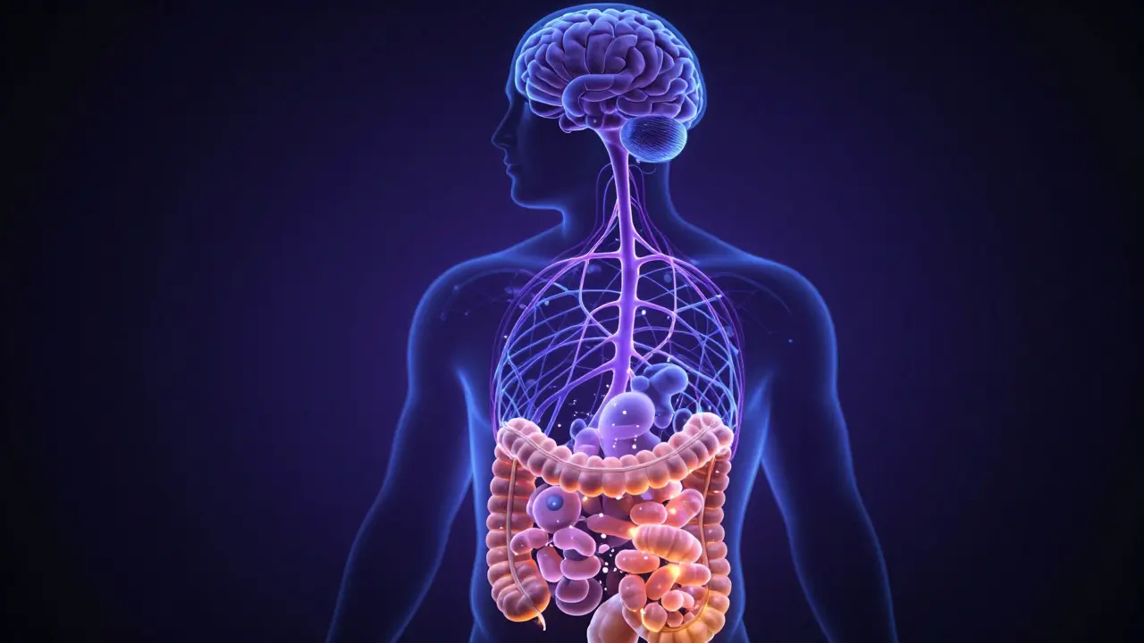 Abstract illustration showing the neural connection between the brain and the digestive system