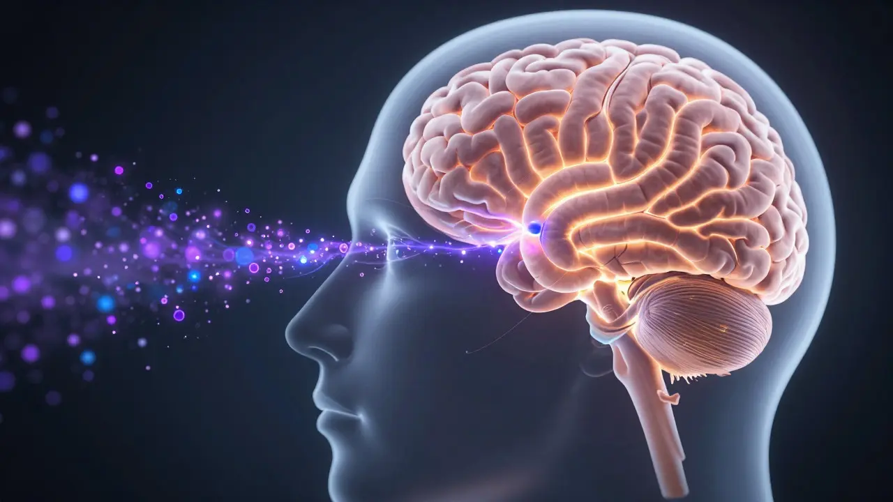 Conceptual art showing scent molecules connecting the nose to the brain's limbic system