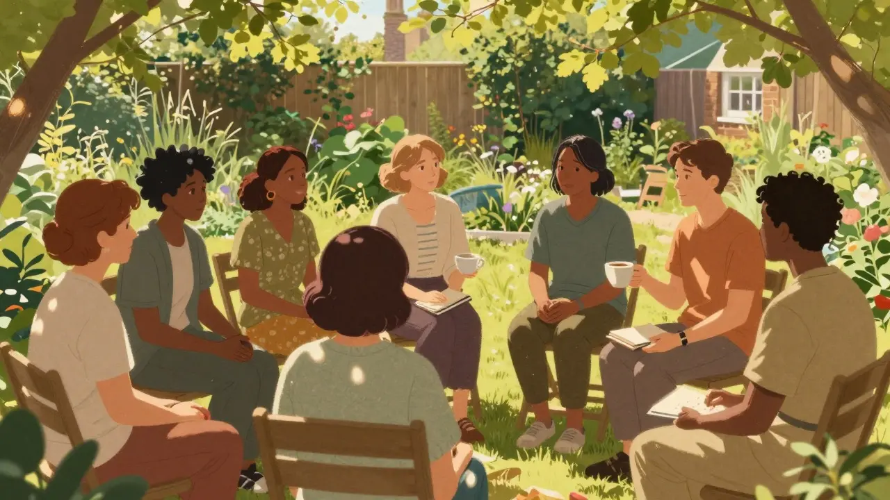 Diverse group sharing stories in sunny community garden