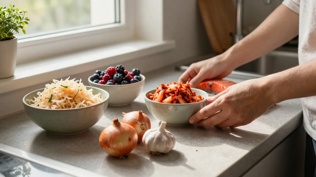 Fresh fermented foods and vegetables arranged on a sunlit kitchen counter.