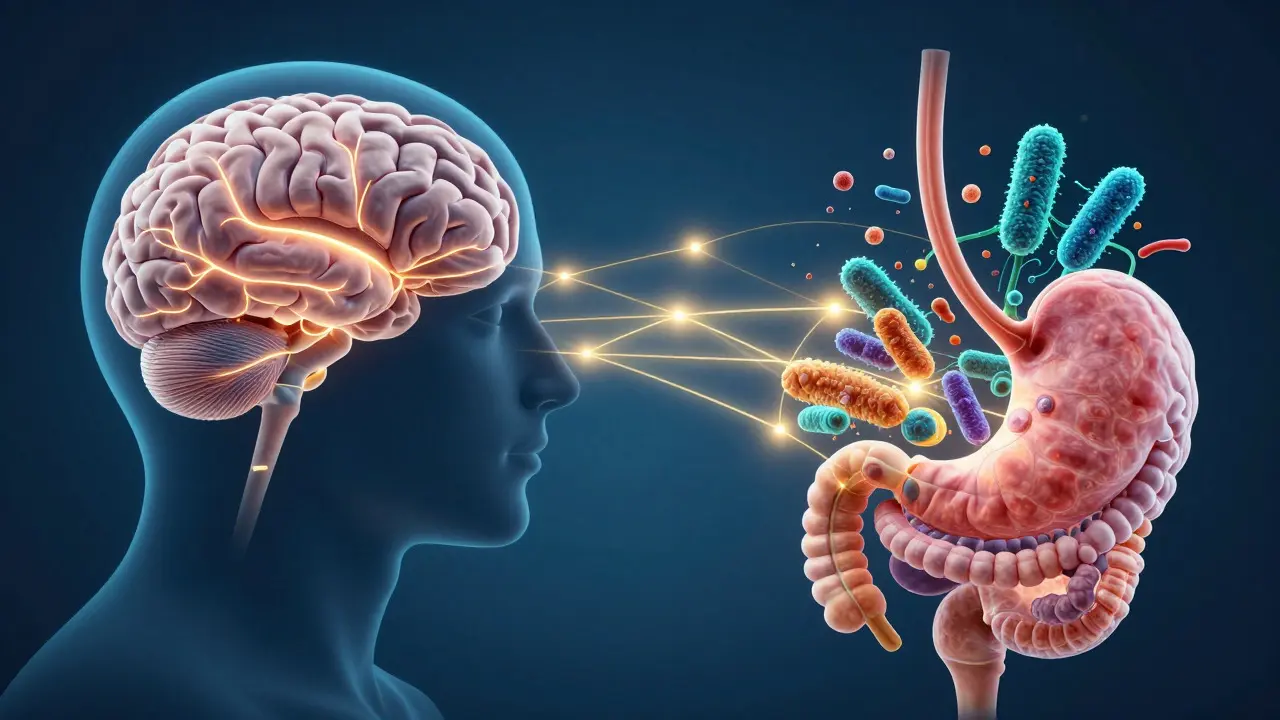 Glowing brain and gut connected by golden light threads