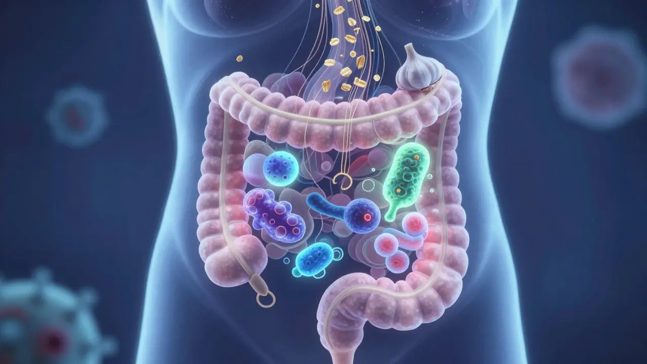 Glowing microbiome inside a stylized gut showing beneficial bacteria activity