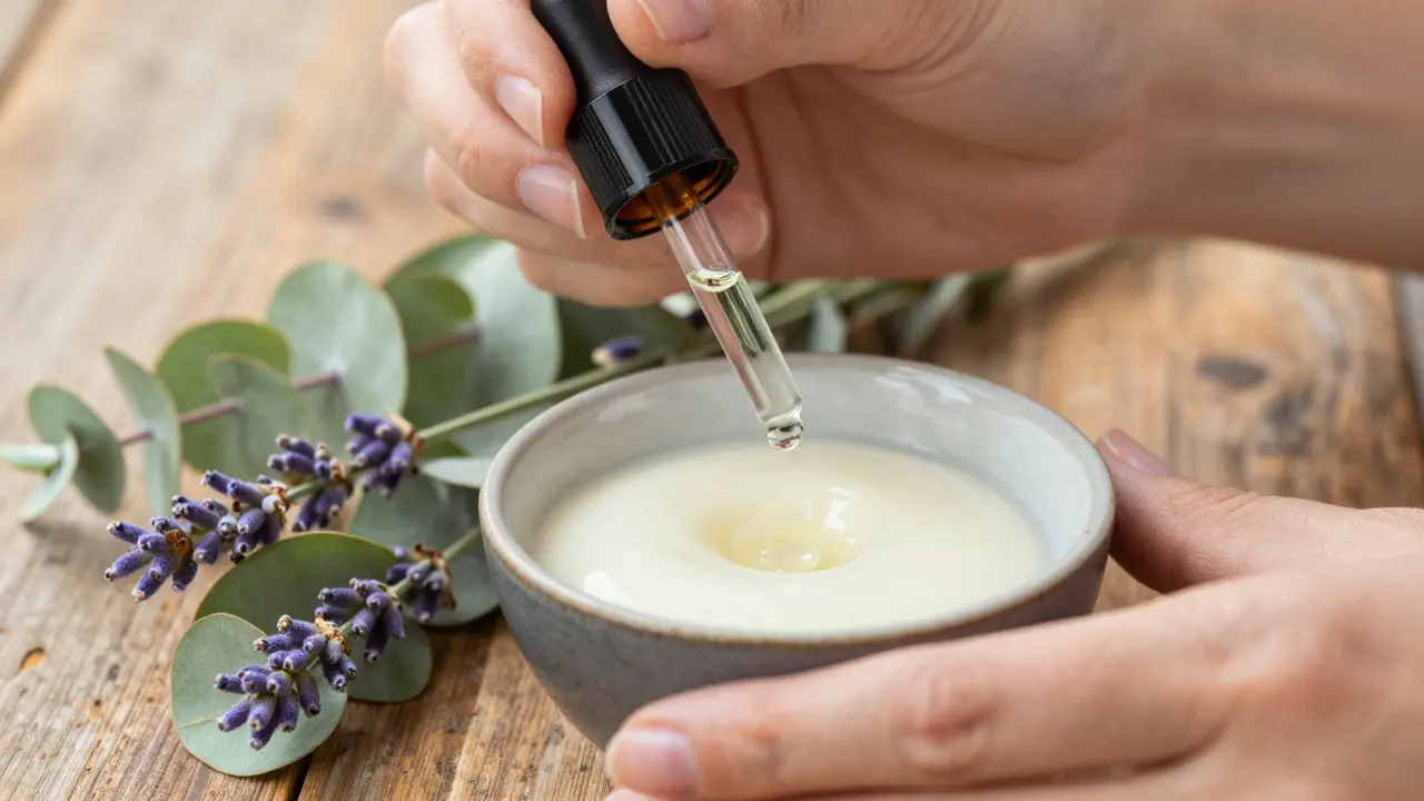 Hands dropping essential oil into a bowl of carrier oil next to fresh herbs