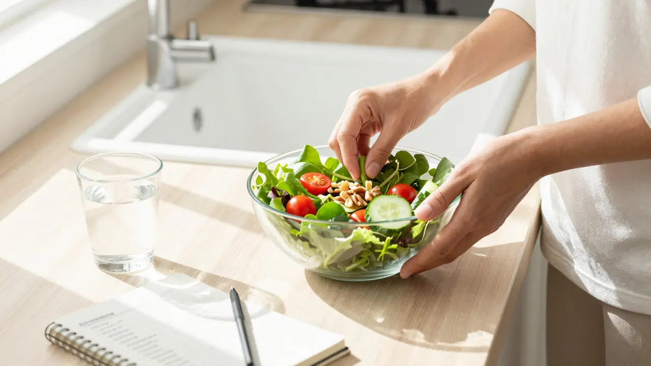 Hands preparing a fresh salad in a sunlit kitchen with water and notes