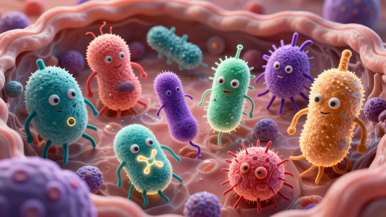 Microscopic view of beneficial bacteria strengthening the gut barrier.