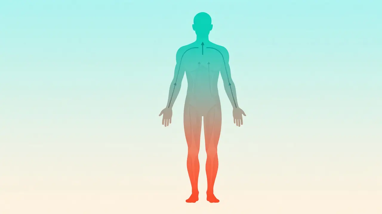 Minimalist illustration of body tension releasing upwards from feet to head during relaxation.