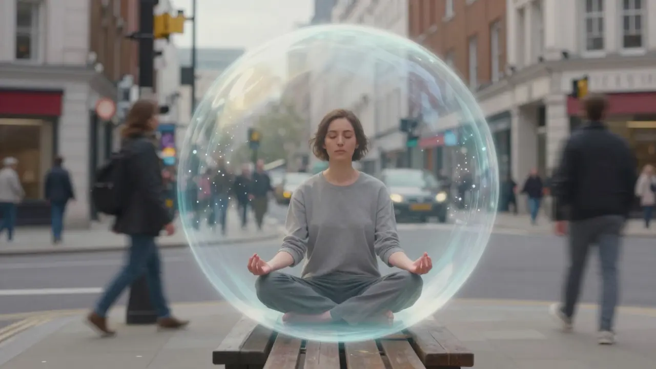 Person meditating in a bubble of calm amidst a blurred busy city street scene.