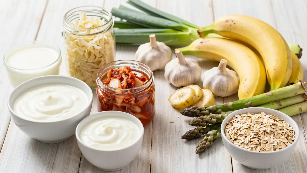 Still life of fermented foods like yogurt and sauerkraut alongside prebiotic vegetables and grains